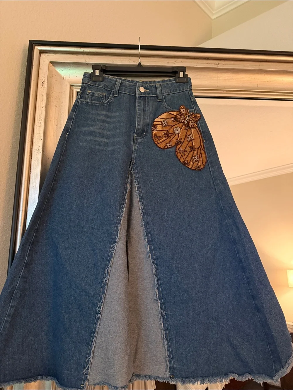 Blue Denim Maxi Skirt with Brown Floral Patch Embellishment